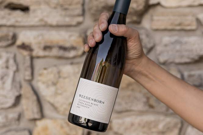 Eine Flasche Sauvignon Blanc Terra Rossa Kalksteinrotlehm vom Weingut Weedenborn